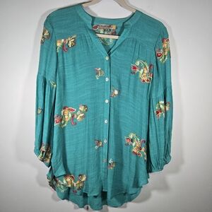 Figueroa & Flower Teal Embroidered Button Down Boho Shirt Top Womens Size Medium